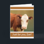 För Son Funny Cow Grattis på födelsedagen Kort<br><div class="desc">Grattis på födelsedagen-kort för son som har en ko med en bestämd attityd. Klassisk bovint pun inuti. Anpassa meddelandet för att skapa din egen roligt. Image ©Christine Greenspan</div>