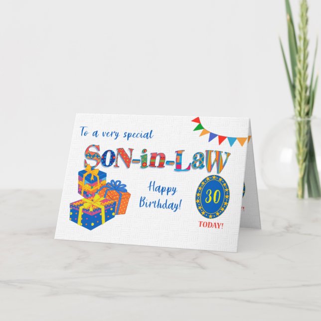 För son i juridik, Anpassningsbar Age Birthday Gif Helgkort (Framsida)