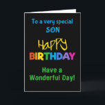 För Son Rainbow Färg på Black Birthday Card Kort<br><div class="desc">Ett färglöst födelsedagskort för en son,  med ljusa färgader på svart bakgrund,  ord "lycklig" i gult och ord "födelsedag" i regnbåge i färg.</div>