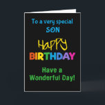 För Son Rainbow Färg på Black Birthday Card Kort<br><div class="desc">Ett färglöst födelsedagskort för en son,  med ljusa färgader på svart bakgrund,  ord "lycklig" i gult och ord "födelsedag" i regnbåge i färg.</div>