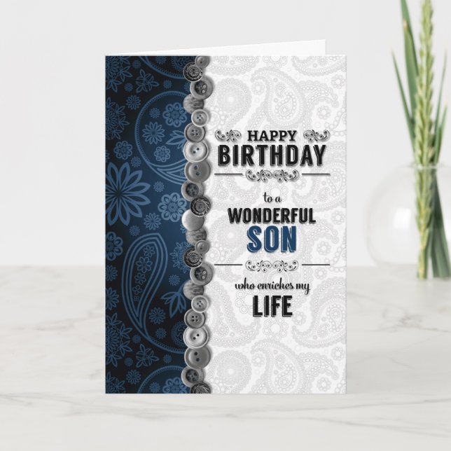 För Son's Birthday Blue Paisley med Buttons Kort (Framsida)