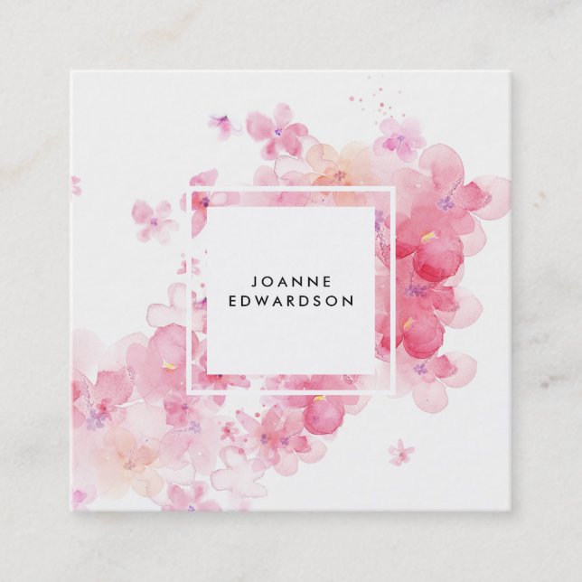 För splattervit för vattenfärg rosa blom- ram fyrkantigt visitkort (Framsida)