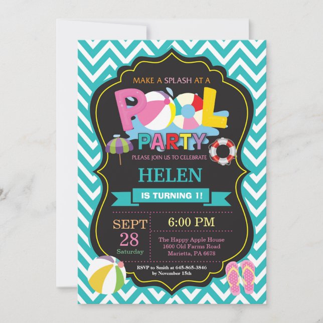 För Splish för Aqua för bassängpartyinbjudan Inbjudningar (Framsida)