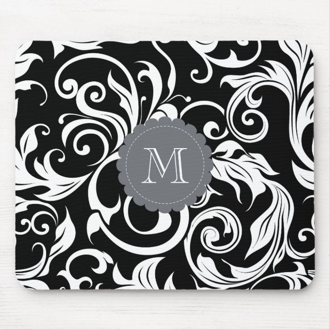 För svart blom- tapet vitMonogram för elegant Musmatta (Framsidan)