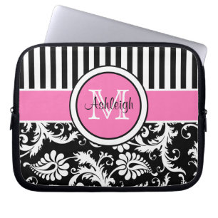 För svart randig laptop sleeve vitdamast för ros