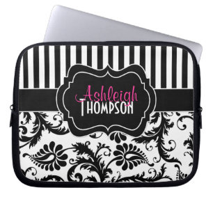 För svart randig laptop sleeve vitdamast för ros