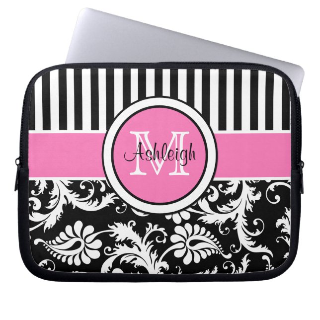 För svart randig laptop sleeve vitdamast för rosor (Framsidan)