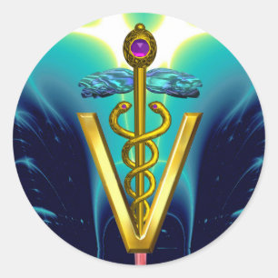 För SYMBOLblått för GULD- CADUCEUS VETERINÄR- Runt Klistermärke