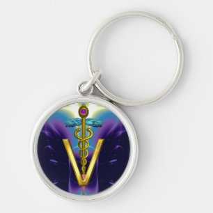 För SYMBOLlilor för GULD- CADUCEUS VETERINÄR- Rund Silverfärgad Nyckelring
