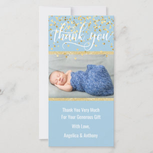 För TACKbaby shower för blått guld- FOTO för POJKE Tack Kort