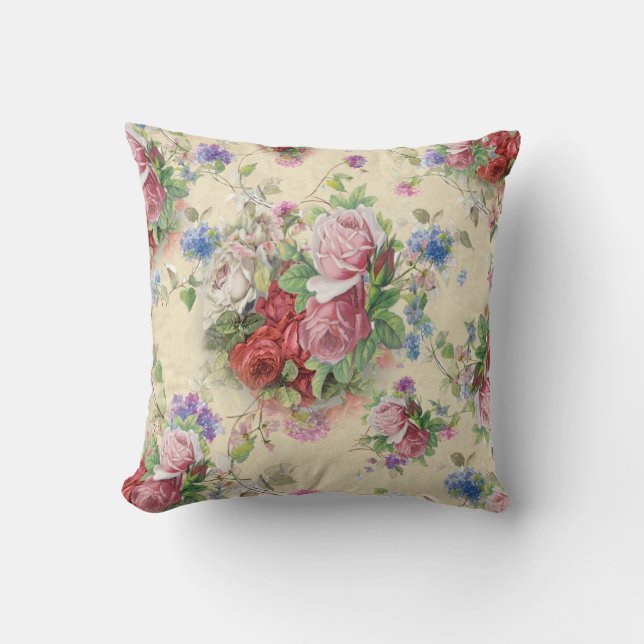 För Teabukett med rosor för engelskt land rosa röd Kudde (Framsida)