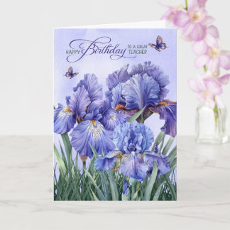 for Teacher Purple Iris with Butterflies Birthday Kort