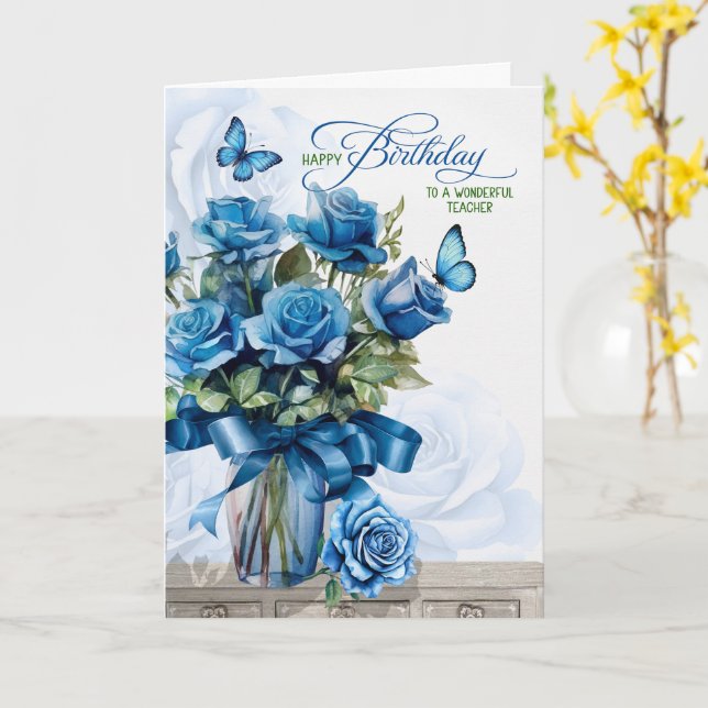 for Teacher Vase of Blue Roses Birthday Kort (Gul blomma)