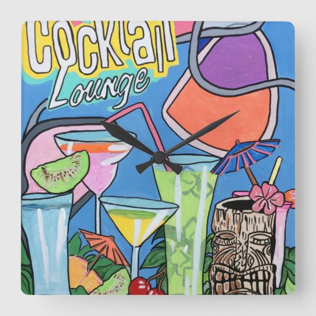 För Tiki för mitt- århundrademod tropisk målning Fyrkantig Klocka (Framsida)