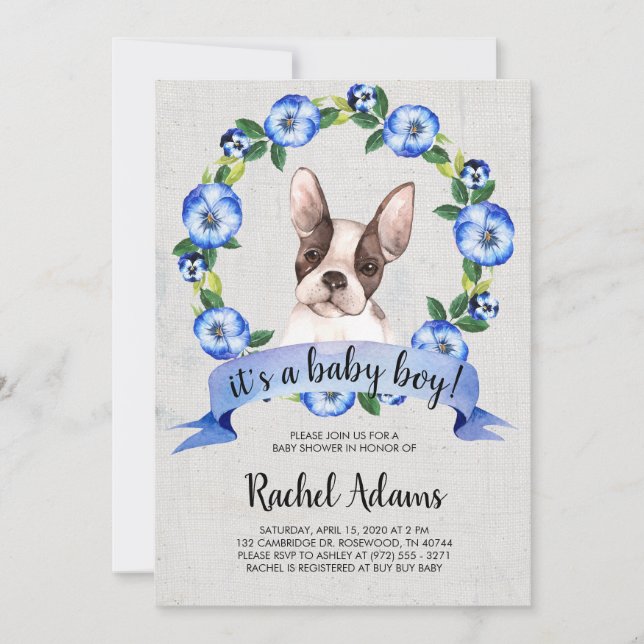 För tjurhund för blått blom- fransk baby shower inbjudningar (Framsida)