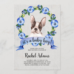 För tjurhund för blått blom- fransk baby shower inbjudningar