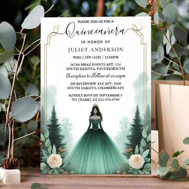 För Träd Guld Mint Glam Emerald Grönt Quinceanera Inbjudningar (Skapare uppladdad)