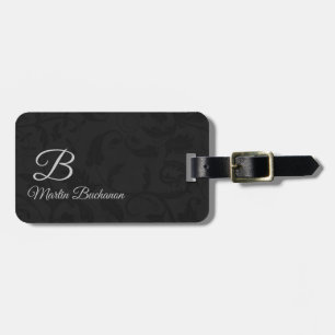 för Traveler Black Damask Monogrammed Bagagebricka