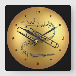 ~ för Trombone~Musical Scroll~ guld- Fyrkantig Klocka