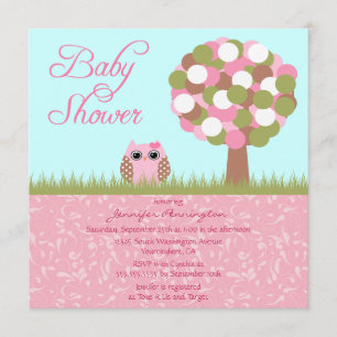 För ugglaträd för gullig baby shower rosa inbjudan