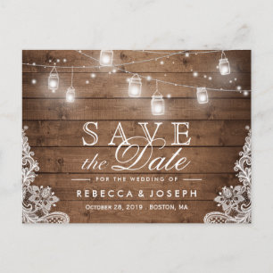 (för USPS) Rustika Ljusslinga Lace Save the Date Meddelande Vykort