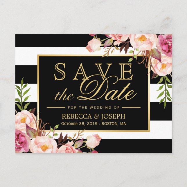 (för USPS) Svart Rand i Guld Blommigt Spara datum Meddelande Vykort (Framsida)