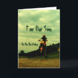 För vår Sons Birthday-Bikers jump Kort<br><div class="desc">Deluxephotos-funktioner för vår söderns biker för att få ett hopphälsningskort. Underbar för någon eller tillfälle. Finns i andra färg, storlekar och/eller stilar. Var smart Spara Money Shop-Online på min Deluxephotos* Zazzle Store. **IMAGE ARTWORK/PHOTO COPYRIGHTS**Den här bildramen och/eller fotot-tillhöret till mig (Rockin Docks deluxephotos division of deluxecontractorforms.com) och får inte säljas...</div>