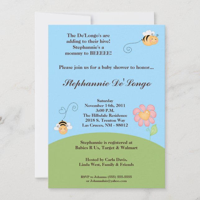 för vårInsec för humla 5x7 inbjudan baby shower (Framsida)