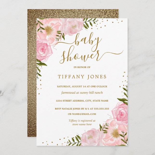 För vattenfärgbaby shower för guld rodna blom- inbjudningar (Fram/baksida)