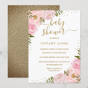 För vattenfärgbaby shower för guld rodna blom- inbjudningar