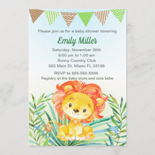 För vattenfärgbaby shower för lejon unge inbjudan