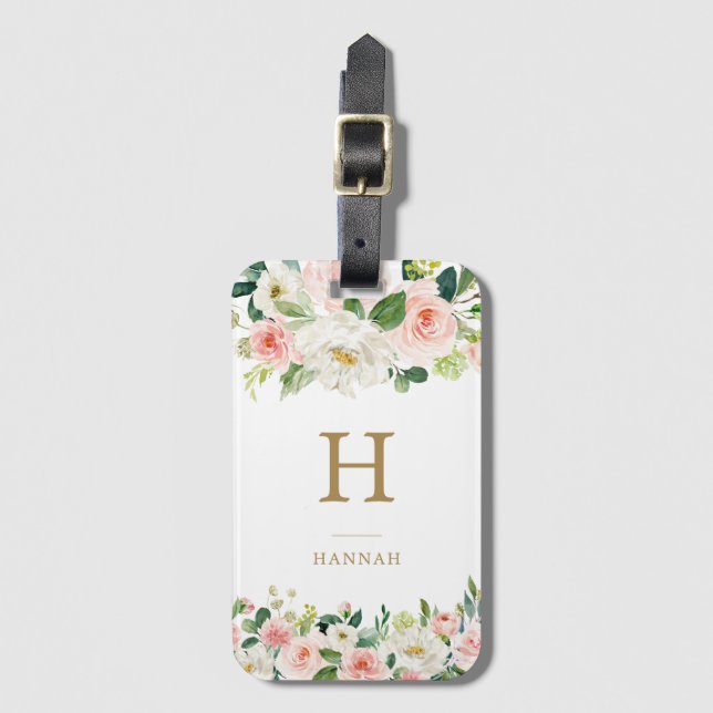 För vattenfärgblommigt för elegant rodna Monogram Bagagebricka (Framsida vertikal)