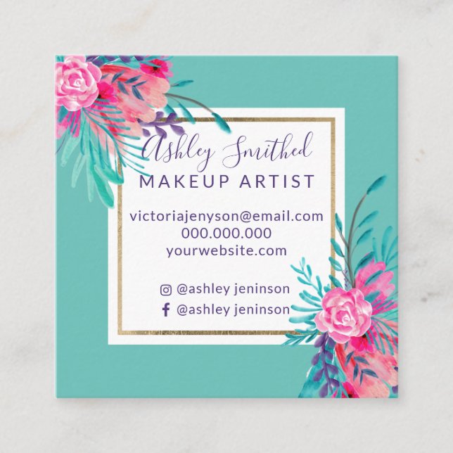 För vattenfärgkricka för guld- ram rosa blom- fyrkantigt visitkort (Framsida)