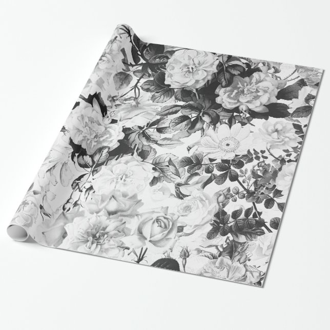 För vattenfärgland för svart vit modern blommigt presentpapper (Utrullad)