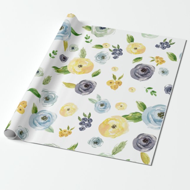 För vattenfärgro för blått gult bröllop för presentpapper (Utrullad)