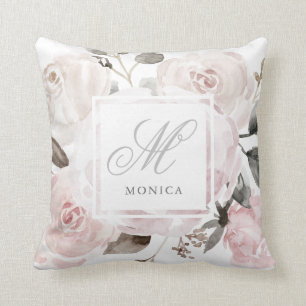 För vattenfärgro   för vintage rodna rosa Monogram Kudde