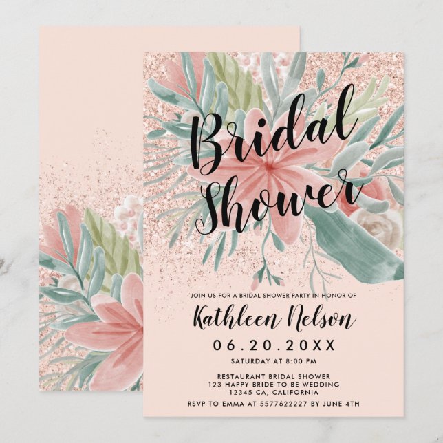 För vattenfärgrodnad för glitter blom- möhippa för inbjudningar (Fram/baksida)