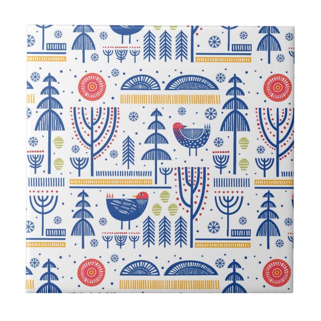 För vinterfågel för Folk konst mönster Kakelplatta (Framsidan)