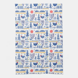 För vinterfågel för Folk konst mönster Kökshandduk