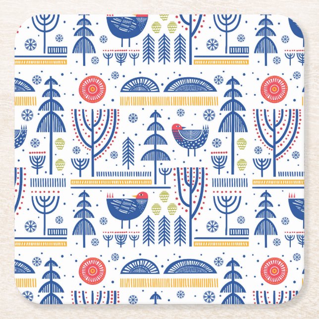 För vinterfågel för Folk konst mönster Underlägg Papper Kvadrat (Framsidan)