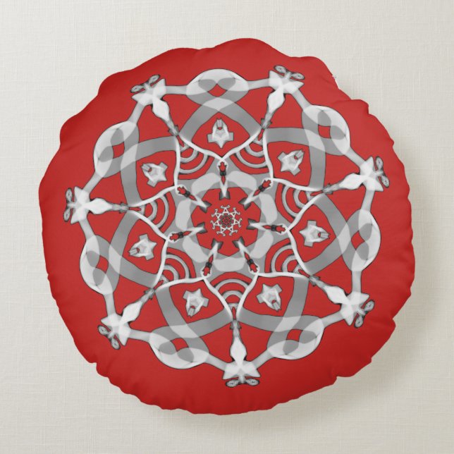 För *~* vit ombonat & röd Mandala för silver Rund Kudde (Baksidan)