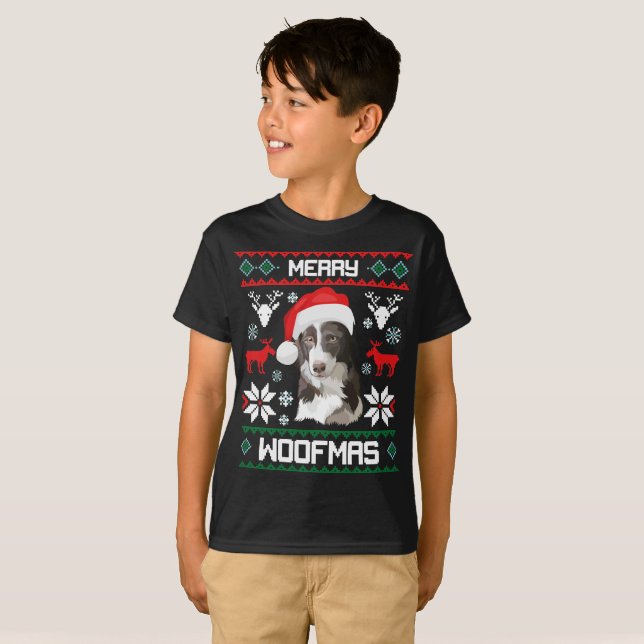 För Woofmas för gränsColliehund glad T-tröja jul Tee Shirt (Hel framsida)