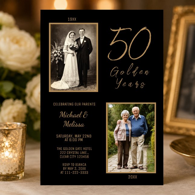 Föräldrar 50 gyllene år firande inbjudningar (Elegant black and gold parents 50th anniversary invitation with timeless then and now photos.)