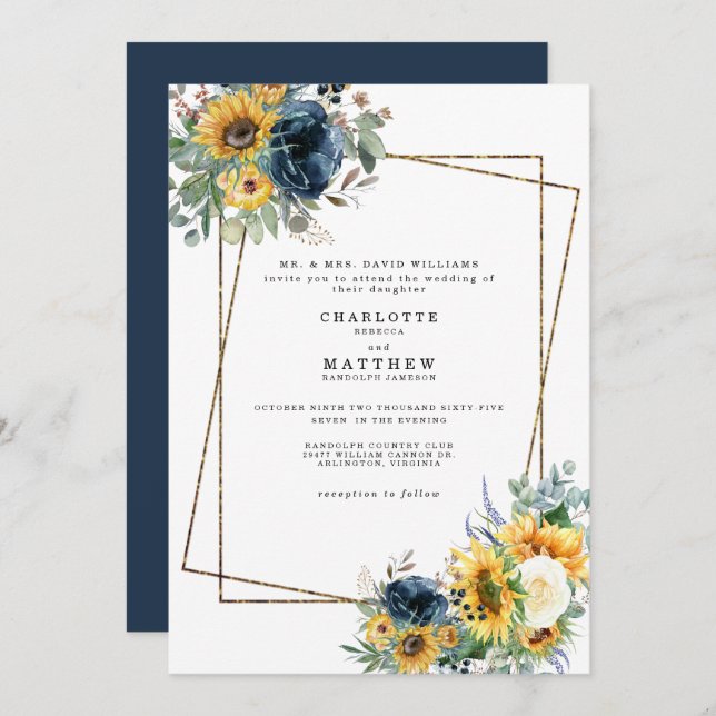 Föräldrar för Blommigten Bröllop i  med blå och Gu Inbjudningar (Fram/baksida)