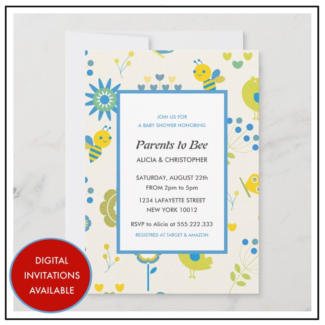 Föräldrar som ska inbjudas till könsneutral blommi inbjudningar (parents to bee invitations gender neutral floral baby shower)