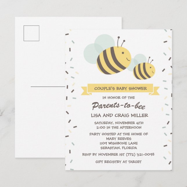 Föräldrar till Bee Bumblebee Couples Baby Shower I Inbjudan Vykort (Fram/baksida)