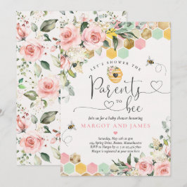 Föräldrar till Bee Greenery Rosa & Guld Baby Showe Inbjudningar