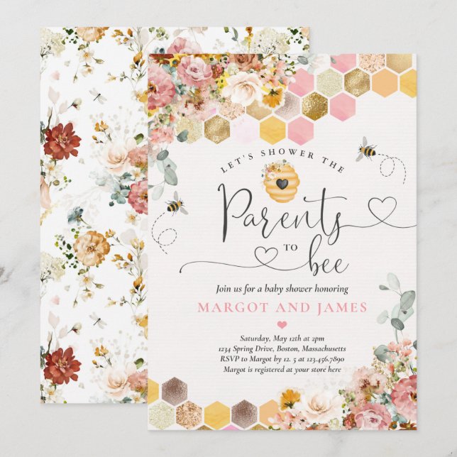 Föräldrar till Bee Vår Boho Wildblomsterbabyskor Inbjudningar (Fram/baksida)