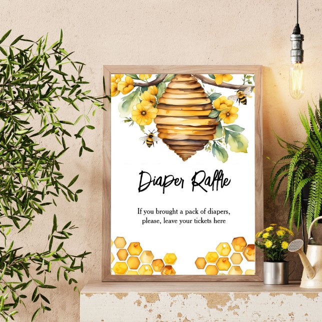 Föräldrar till bihonungsbin, rattskylt för babydus poster (Parents to bee honey bee baby shower diaper raffle sign table sign beehive yellow flowers)