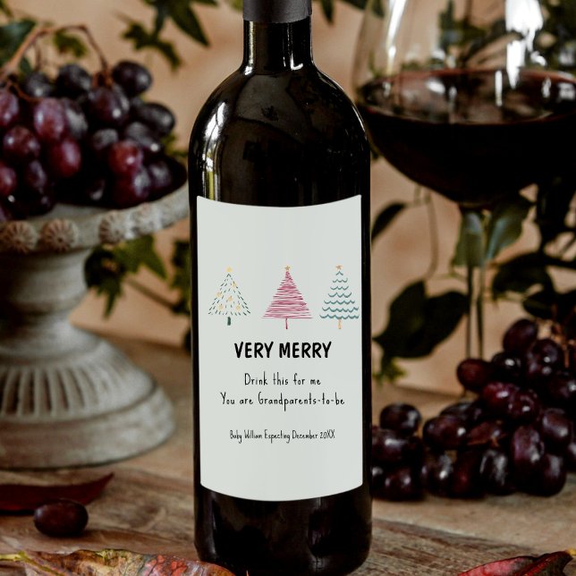 Föräldrarna för avisering av Graviden Cute Julgran Vinflaska Etikett (Cute Christmas Tree Pregnancy Announcement Parents Wine Label, funny pregnancy announcement)